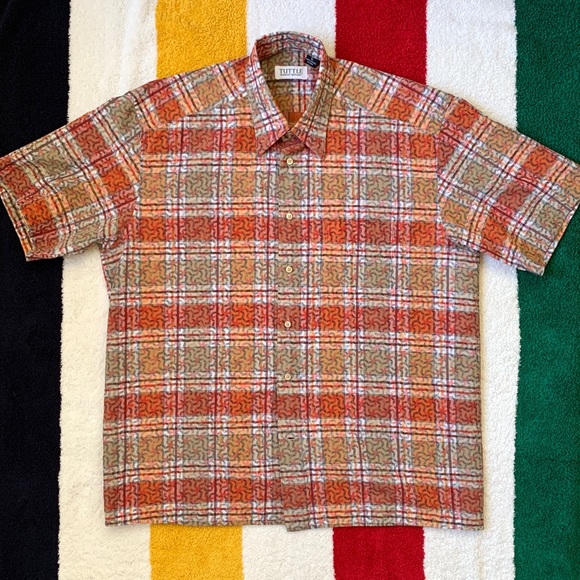 Orange check plaid geometric design short sleeve shirt by Tuttle Sportswear - Picture 13 of 16